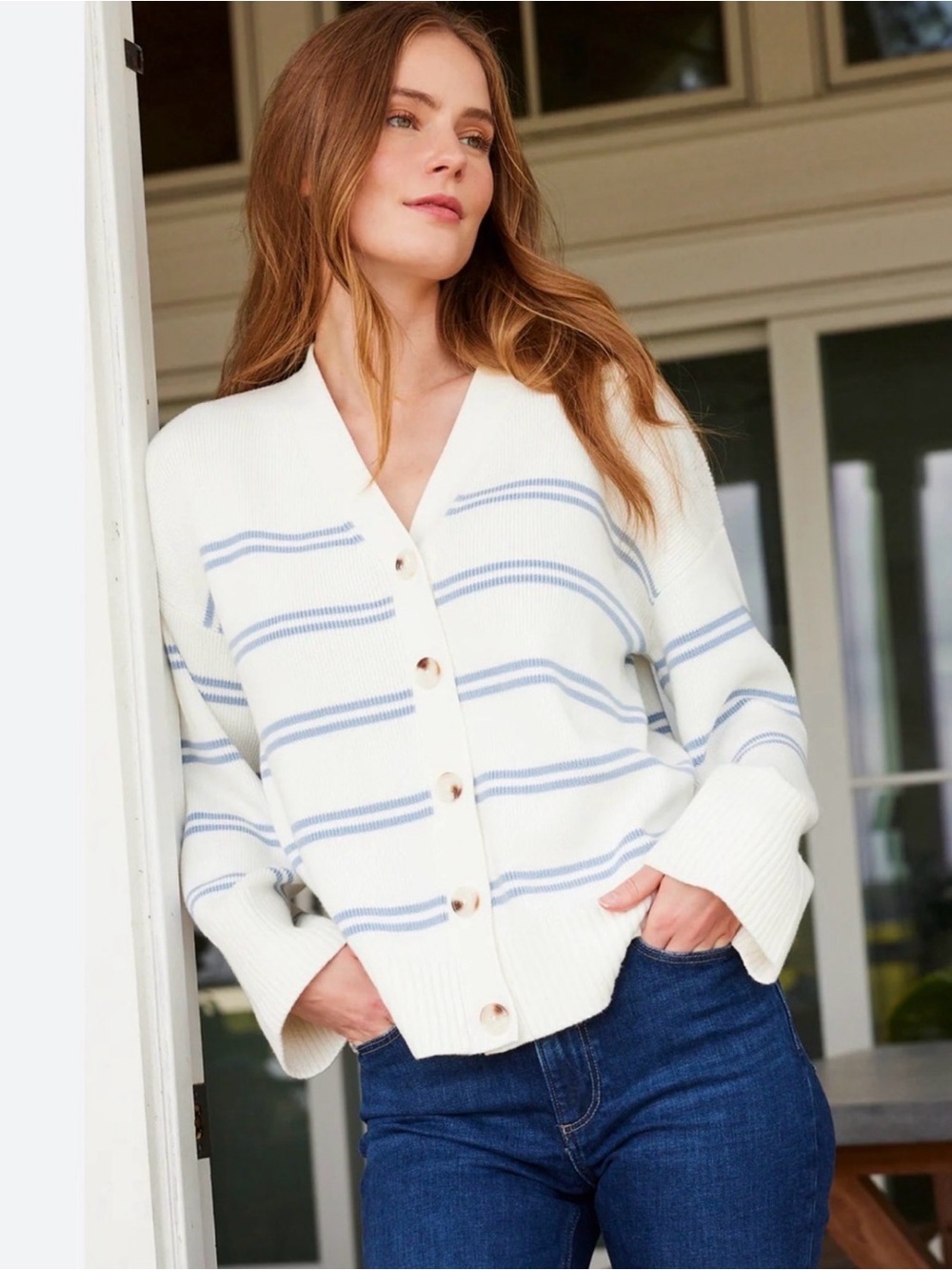 Lake Nora Cotton Cardigan in Ivory Dusty Blue Stripe